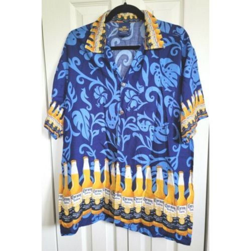 Corona Extra Men's Hawaiian Shirt - Large Poly Rayon Blend Beer Bottles.